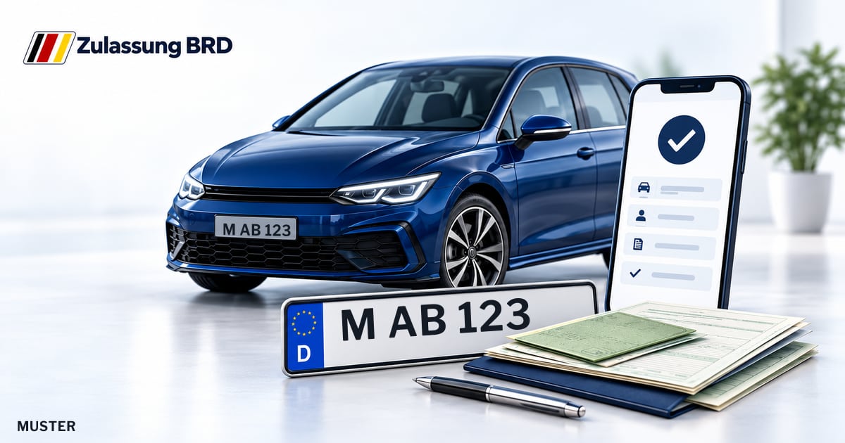 Online Fahrzeugzulassung in Neubiberg: Musterkennzeichen M AB 123, Auto und Fahrzeugpapiere und Smartphone. Illustration mit Logo von Zulassung BRD.